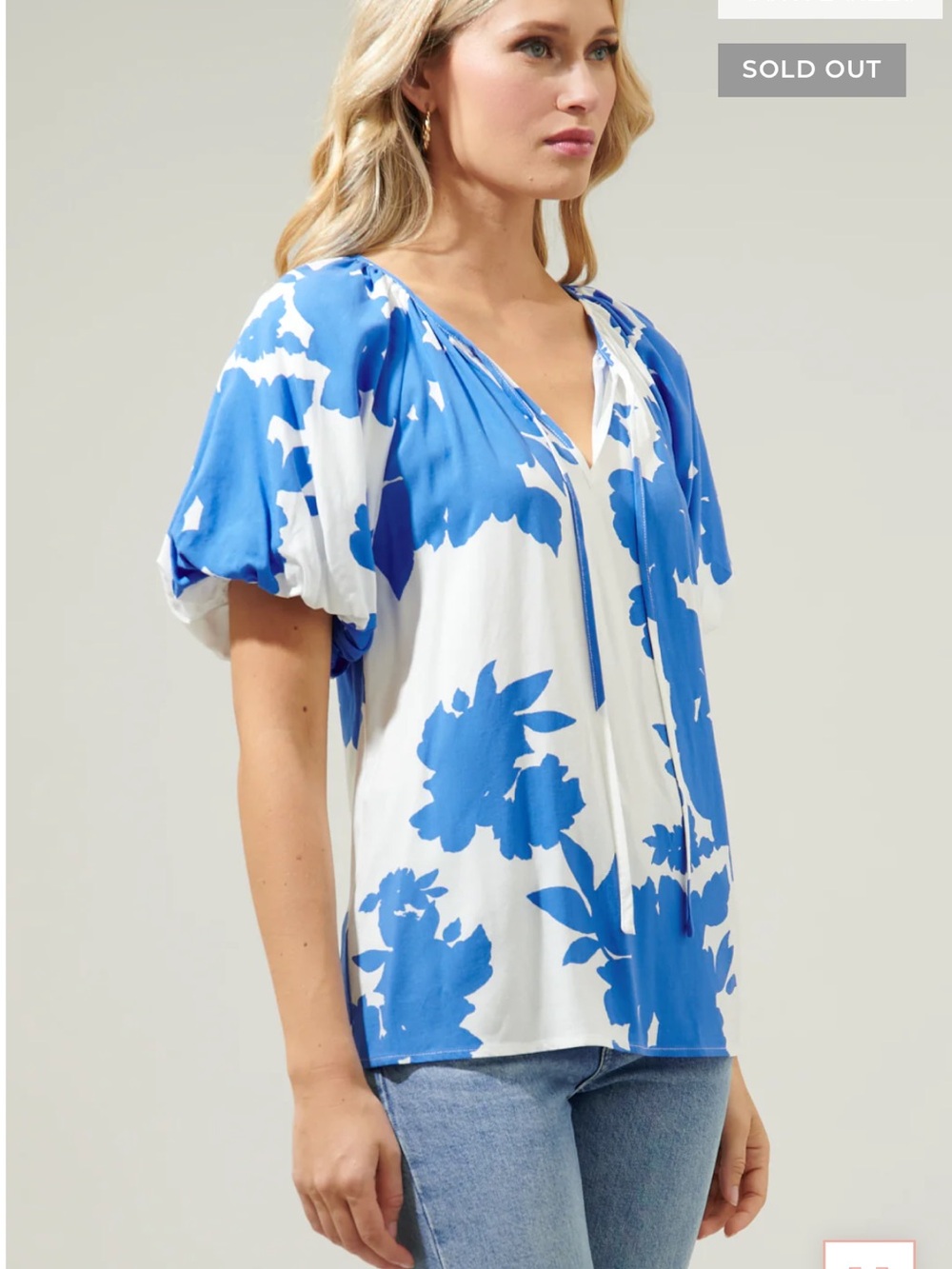 SugarLips Blue White Floral Puff Sleeve Blouse Size M
